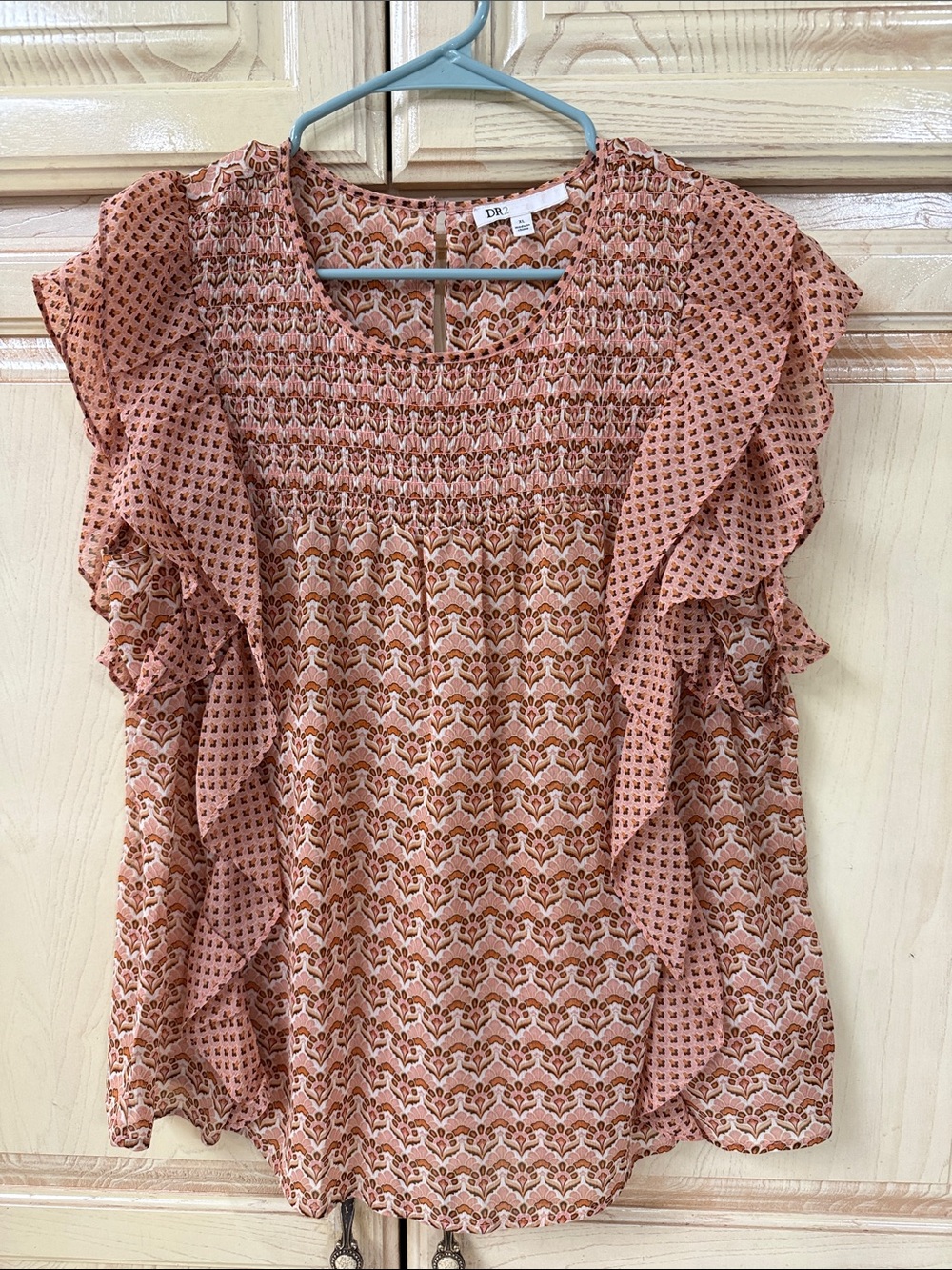 Daniel Rainn Peach-Pink Floral Smocked Ruffle Blouse